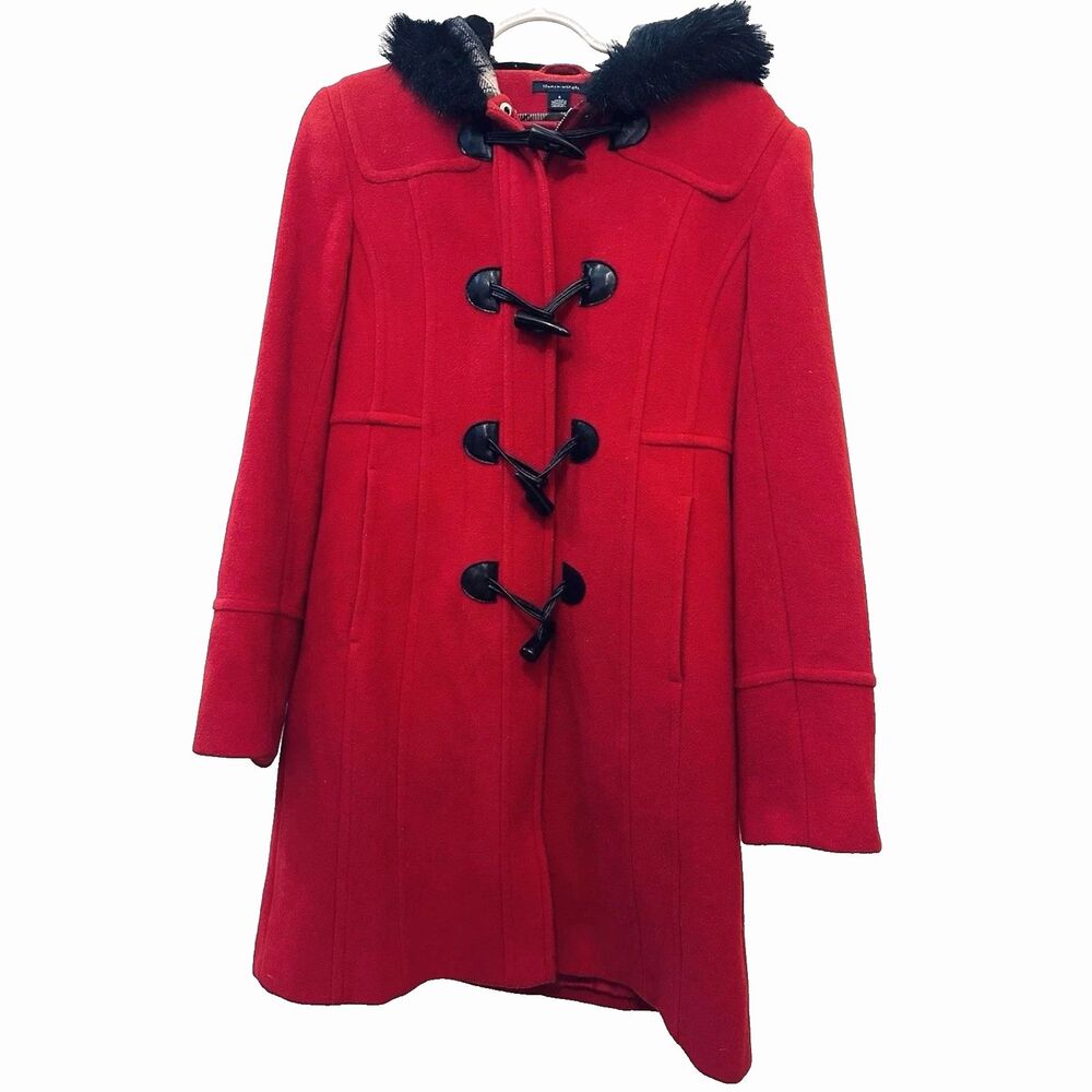 Tommy Hilfiger Red Wool Toggle Coat Faux Fur Hood Women’s Size 6
